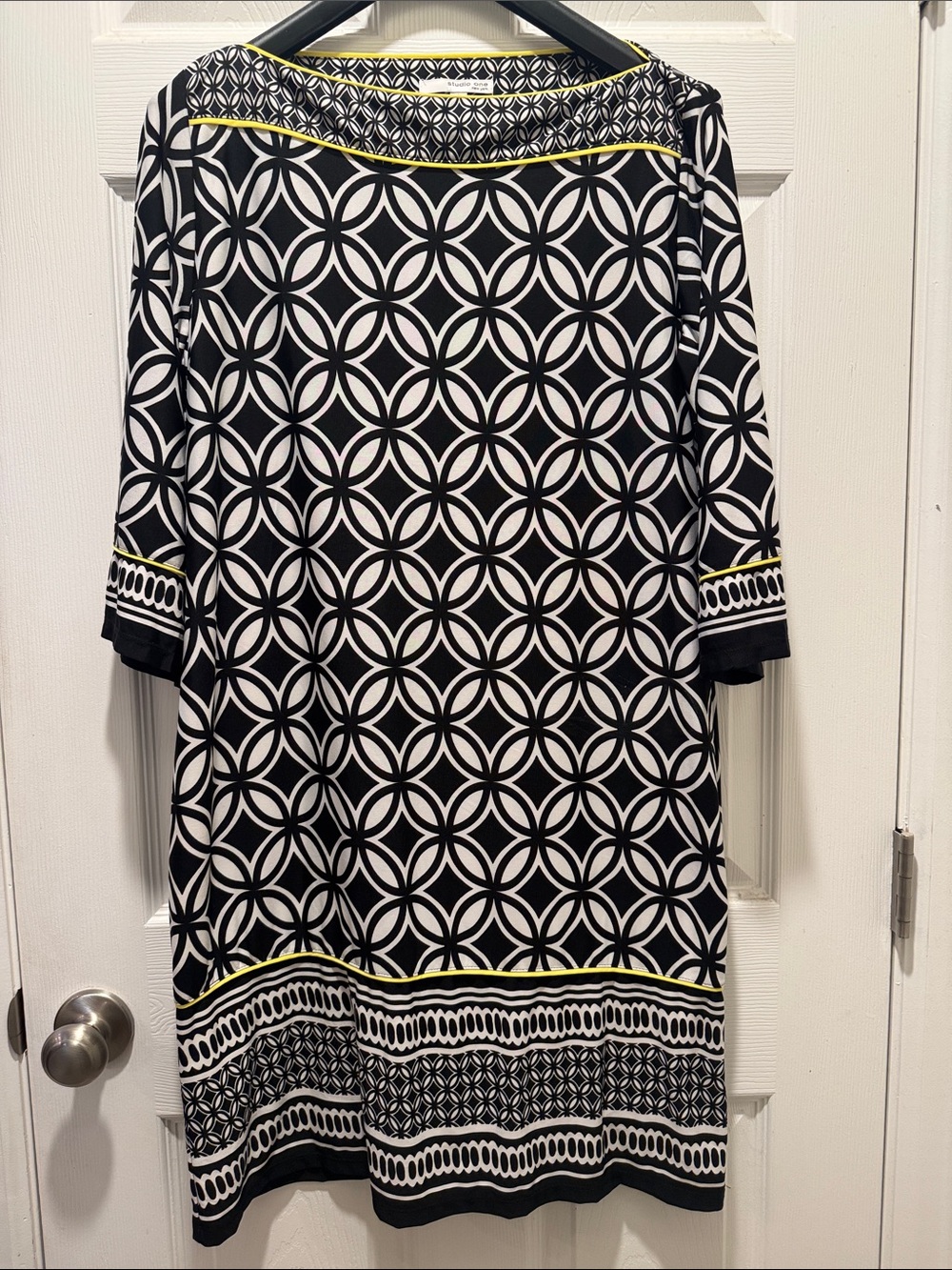 Studio One Black and White Geometric Midi Dress with Yellow Trim